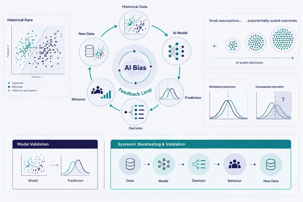 AI bias feedback loop showing historical data, AI model, decisions, behavior, and systemic backtesting
